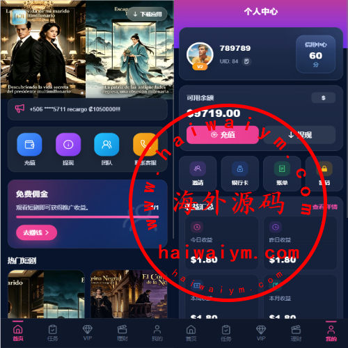 多语言视频任务系统/VIP任务/视频返利/余额宝/前端VUE